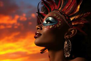 ai generiert Sonnenuntergang Silhouette Frau im Karneval Maske inmitten faszinierend Himmel, festlich Karneval Fotos
