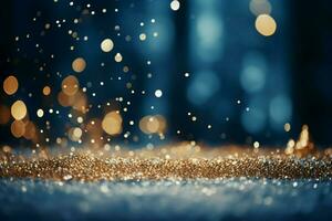 ai generiert leer Segeltuch von Weiß Schnee mit ein verschwommen Weihnachten Baum und Bokeh Beleuchtung ai generiert foto