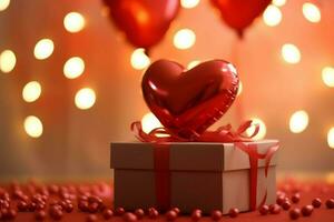 glücklich Valentinstag Tag Konzept mit rot Geschenk Box und Herz geformt Luftballons romantisch Banner Liebe Konzept durch ai generiert foto