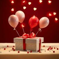 glücklich Valentinstag Tag Konzept mit rot Geschenk Box und Herz geformt Luftballons romantisch Banner Liebe Konzept durch ai generiert foto