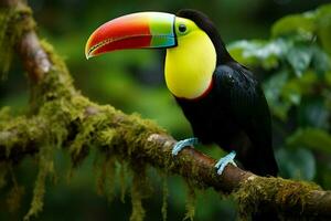 ai generiert beschwingt Kiel in Rechnung gestellt Tukan inmitten Panama Reich Vegetation ein fesselnd Tierwelt Szene ai generiert foto