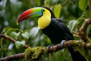 ai generiert beschwingt Kiel in Rechnung gestellt Tukan inmitten Panama Reich Vegetation ein fesselnd Tierwelt Szene ai generiert foto