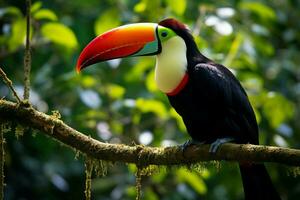 ai generiert beschwingt Kiel in Rechnung gestellt Tukan inmitten Panama Reich Vegetation ein fesselnd Tierwelt Szene ai generiert foto