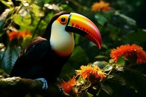 ai generiert beschwingt Kiel in Rechnung gestellt Tukan inmitten Panama Reich Vegetation ein fesselnd Tierwelt Szene ai generiert foto