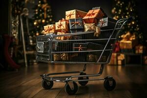 ai generiert Wagen Einkaufen Wagen realistisch schwarz Weihnachten Geschenke geschmückt mit Gold Bänder zum ein schwarz Freitag Verkauf ai generiert foto