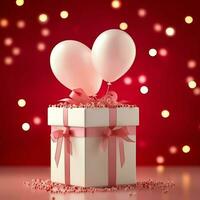 glücklich Valentinstag Tag Konzept mit rot Geschenk Box und Herz geformt Luftballons romantisch Banner Liebe Konzept durch ai generiert foto