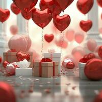 glücklich Valentinstag Tag Konzept mit rot Geschenk Box und Herz geformt Luftballons romantisch Banner Liebe Konzept durch ai generiert foto