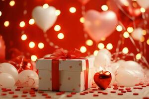 glücklich Valentinstag Tag Konzept mit rot Geschenk Box und Herz geformt Luftballons romantisch Banner Liebe Konzept durch ai generiert foto