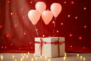 glücklich Valentinstag Tag Konzept mit rot Geschenk Box und Herz geformt Luftballons romantisch Banner Liebe Konzept durch ai generiert foto