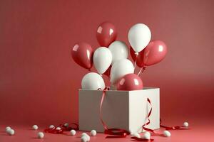 glücklich Valentinstag Tag Konzept mit rot Geschenk Box und Herz geformt Luftballons romantisch Banner Liebe Konzept durch ai generiert foto