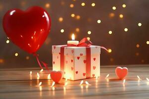 glücklich Valentinstag Tag Konzept mit rot Geschenk Box und Herz geformt Luftballons romantisch Banner Liebe Konzept durch ai generiert foto