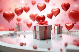 glücklich Valentinstag Tag Konzept mit rot Geschenk Box und Herz geformt Luftballons romantisch Banner Liebe Konzept durch ai generiert foto