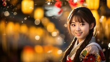 ai generiert japanisch Frau tragen Kimono Kleid im Weihnachten Festival beim Nacht ai generativ foto