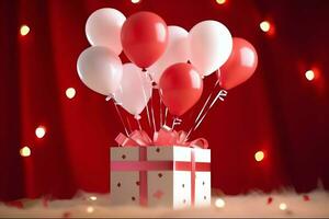 glücklich Valentinstag Tag Konzept mit rot Geschenk Box und Herz geformt Luftballons romantisch Banner Liebe Konzept durch ai generiert foto