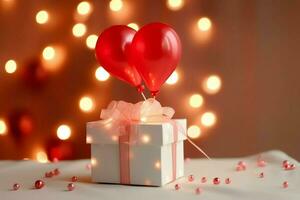 glücklich Valentinstag Tag Konzept mit rot Geschenk Box und Herz geformt Luftballons romantisch Banner Liebe Konzept durch ai generiert foto