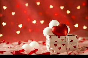 glücklich Valentinstag Tag Konzept mit rot Geschenk Box und Herz geformt Luftballons romantisch Banner Liebe Konzept durch ai generiert foto