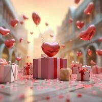 glücklich Valentinstag Tag Konzept mit rot Geschenk Box und Herz geformt Luftballons romantisch Banner Liebe Konzept durch ai generiert foto