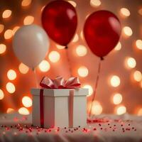 glücklich Valentinstag Tag Konzept mit rot Geschenk Box und Herz geformt Luftballons romantisch Banner Liebe Konzept durch ai generiert foto