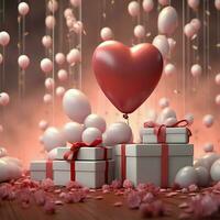 glücklich Valentinstag Tag Konzept mit rot Geschenk Box und Herz geformt Luftballons romantisch Banner Liebe Konzept durch ai generiert foto