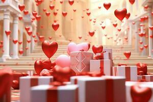 glücklich Valentinstag Tag Konzept mit rot Geschenk Box und Herz geformt Luftballons romantisch Banner Liebe Konzept durch ai generiert foto