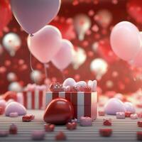 glücklich Valentinstag Tag Konzept mit rot Geschenk Box und Herz geformt Luftballons romantisch Banner Liebe Konzept durch ai generiert foto