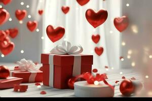 glücklich Valentinstag Tag Konzept mit rot Geschenk Box und Herz geformt Luftballons romantisch Banner Liebe Konzept durch ai generiert foto