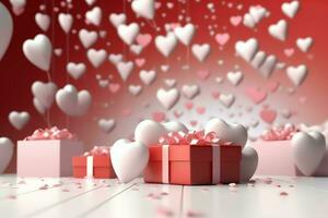 glücklich Valentinstag Tag Konzept mit rot Geschenk Box und Herz geformt Luftballons romantisch Banner Liebe Konzept durch ai generiert foto