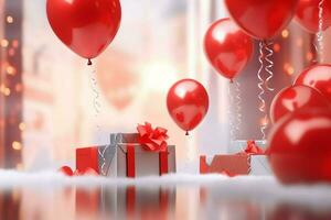 glücklich Valentinstag Tag Konzept mit rot Geschenk Box und Herz geformt Luftballons romantisch Banner Liebe Konzept durch ai generiert foto