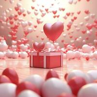 glücklich Valentinstag Tag Konzept mit rot Geschenk Box und Herz geformt Luftballons romantisch Banner Liebe Konzept durch ai generiert foto