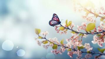 ai generiert abstrakt Natur Frühling Hintergrund mit Blumen und Schmetterlinge. foto