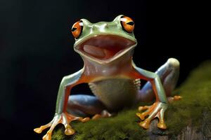 ai generiert Baum Frosch Sitzung auf Pflanze.generativ ai. foto