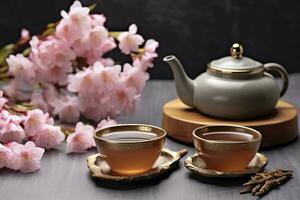ai generiert traditionell Zeremonie. Tassen von gebraut Tee, Teekanne und Sakura Blumen auf grau Tisch. generativ ai foto