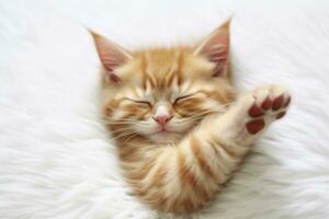 ai generiert rot Kätzchen, Katze Schlafen süß auf Weiß Fell. generativ ai foto