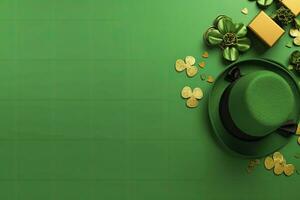 ai generiert st Patrick's Tag Konzept. Kobold Kopfbedeckungen Geschenk Kisten Topf mit Gold Münzen. ai generiert foto