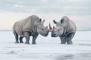 ai generiert zwei Nashorn bekommen bereit zum Kampf auf Eis. ai generiert foto