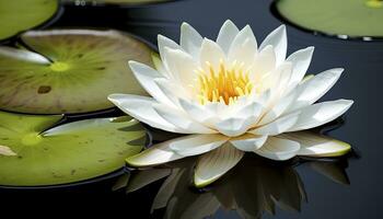 ai generiert Weiß Wasser Lilie. Weiß Lotus mit Blätter auf dunkel Teich. ai generiert foto