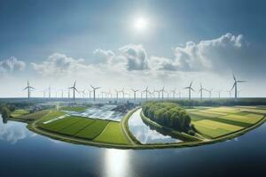 ai generiert Wind, Sonne und Wasser Energie. ai generiert foto