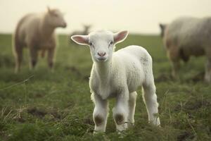 ai generiert Weiß Lamm im ein Feld im Vorderseite von andere Tiere. generativ ai foto