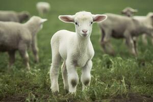 ai generiert Weiß Lamm im ein Feld im Vorderseite von andere Tiere. generativ ai foto