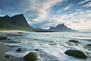 ai generiert uttakleiv Strand, mit dramatisch Berge und Spitzen, öffnen Meer und geschützt Buchten, Strände und unberührt landet. ai generiert foto