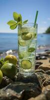 ai generiert atemberaubend Foto von Cocktail Mojito, ein sonnig Sommer- Strand im das Hintergrund. generativ ai