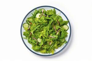 ai generiert gesund frisch Grün Salat Teller Schuss von über auf Weiß Hintergrund. ai generiert foto