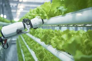 ai generiert automatisch landwirtschaftlich Technologie mit Nahansicht Aussicht von Roboter Arm Ernte Grüner Salat im Vertikale hydroponisch Pflanze. ai generiert foto
