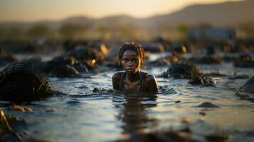 ai generiert afrikanisch Mädchen schwimmen im Schmutz See im Danakil Wüste beim dallol, Äthiopien. foto