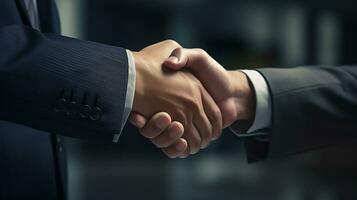 ai generiert Handschlag zwischen zwei Geschäftsleute bedeutet erfolgreich Vereinbarung. generativ ai foto