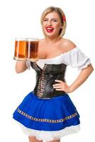 schön jung blond Mädchen von Oktoberfest Bier Stein foto