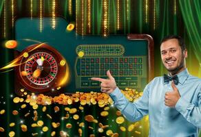 Collage von Kasino Bilder mit Roulette Tabelle und lächelnd Mann zeigen Daumen oben foto