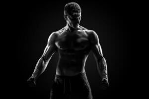 sexy muskulös Mann posieren mit nackt Torso auf schwarz Hintergrund foto