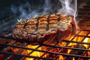 ai generiert Fleisch Grillen auf ein Holzkohle Grill mit Rauch steigend. ai generiert foto