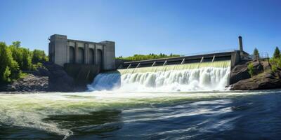 ai generiert Wasserkraft Damm Erstellen Grün Energie von fließend Wasser. ai generiert. foto